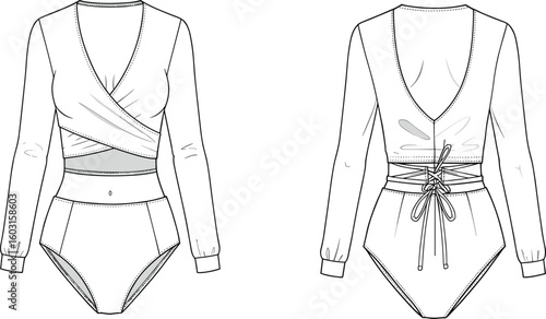 Fashion flat sketch of women's wrap bodysuit, long sleeve front and back design, modern lingerie style, technical drawing for fashion design