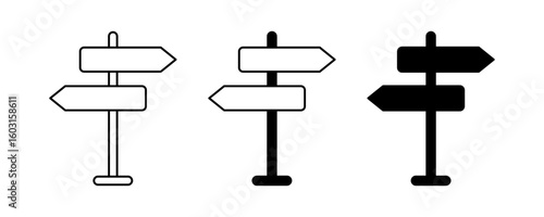 Signpost icon set featuring directional arrows in outline, filled, and minimal styles for navigation and wayfinding on a white background