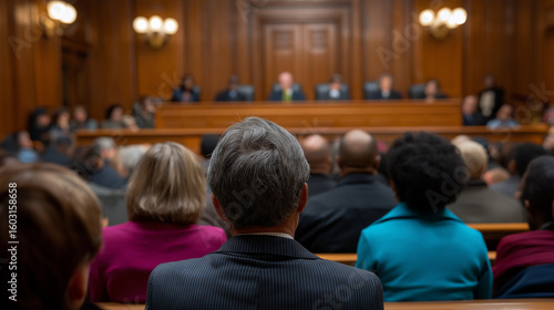 The back of an audience is shown, facing a blurred panel of speakers or judges in a formal courtroom or assembly hall.
