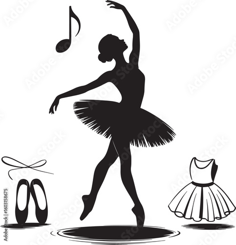 Graceful ballerina performing with music and ballet shoes dance