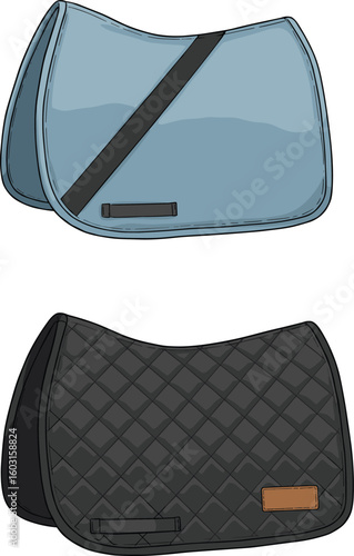 Modern horse saddle pads, elegant equestrian accessories, quilted and plain design, black and blue colors, essential tack gear for horseback riding enthusiasts