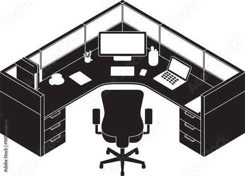 Modern black office cubicle with desk chair and technology computer