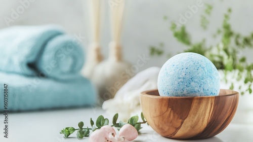 Serene spa experience with blue bath bomb and rolled towels