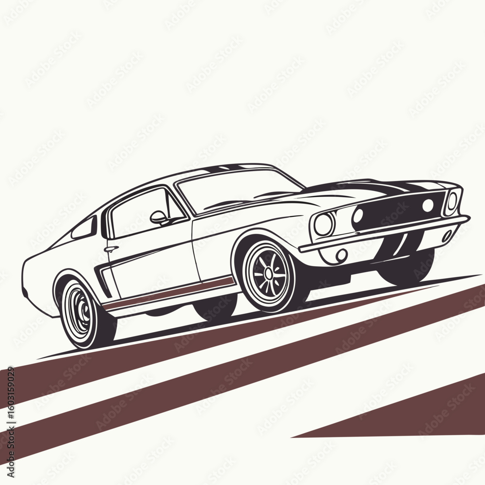 Fototapeta premium Classic Car Illustration: An elegantly rendered line art illustration showcases a vintage car, capturing the timeless appeal of automotive design with clean lines and a minimalist aesthetic.