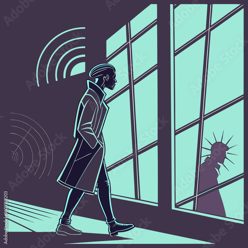 Mysterious Intrigue: A solitary figure, a study in shadows and light, traverses an enigmatic space, their silhouette echoed in a geometric, stylized window, hinting at hidden narratives.