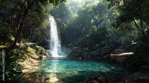 A magnificent waterfall cascading into a crystal-clear pool in a lush tropical rainforest, with sunlight filtering through the canopy.