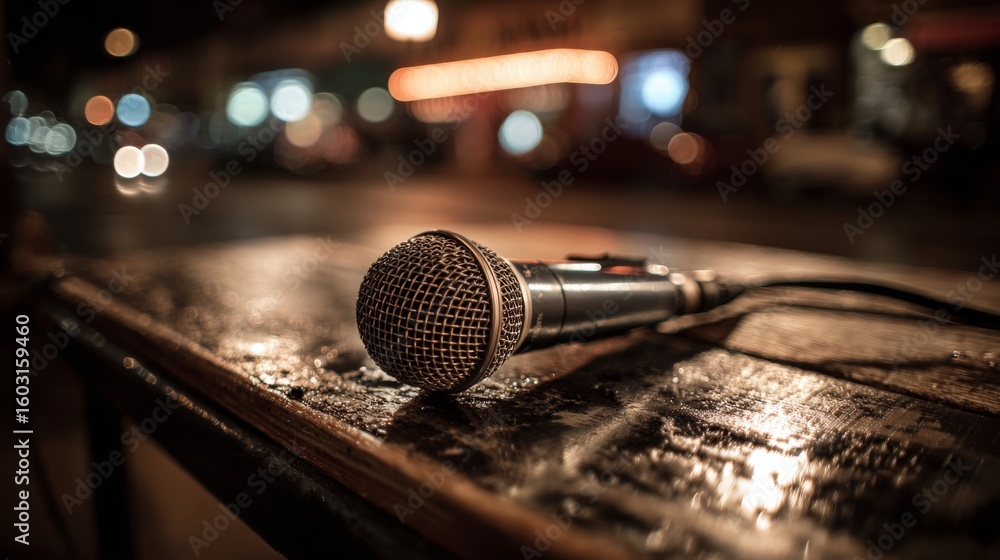 Obraz premium A professional microphone setup for a live performance, with stage lights creating dramatic shadows and reflections on the metal surface.