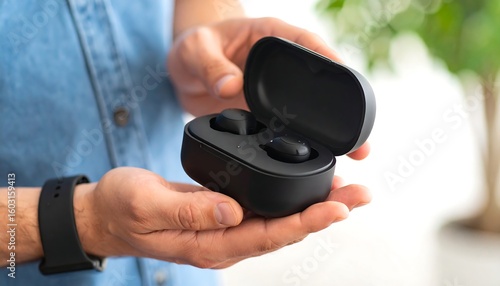 Wallpaper Mural Hands holding black wireless earbuds case Torontodigital.ca
