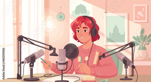 Cheerful Podcaster with Red Hair Prepares for Recording Session with Microphones