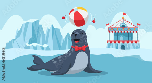 Cheerful Seal Balancing Ball with Cherries Near Circus Tent in Arctic Scene