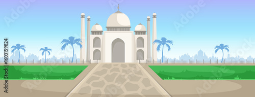 Famous Indian Taj Mahal monument with palm trees and gardens in flat graphic style on a clear blue sky background. Cultural heritage concept. Vector illustration