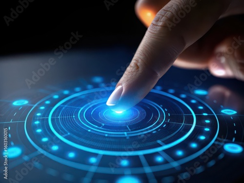 Finger touches glowing blue digital interface with concentric circles and data points