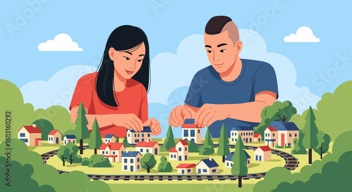Couple Building Miniature Town, Creating a Playful, Collaborative Community.