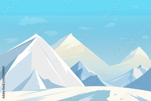 Majestic snowy mountain range with icy slopes and blue sky in flat graphic style on a winter landscape background. Concept of cold nature. Vector illustration
