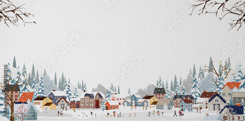 Christmas Background on White Wall Concrete Texture,Winter Landscape City Night people celebration in the park,Xmas card with snow falling on pine tree, house,Horizon banner Winter wonderland for kid