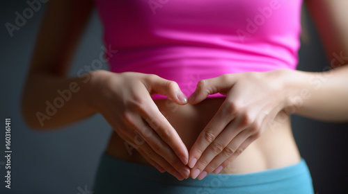 Wallpaper Mural A close-up of a woman in grey activewear making a heart shape with her hands over her stomach, emphasizing gut health.
 Torontodigital.ca