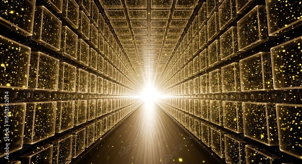 Obraz premium Futuristic Data Center Tunnel with Bright Light and Floating Gold Particles