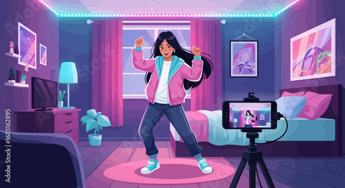Energetic young woman dances for her online audience in a vibrant bedroom setting