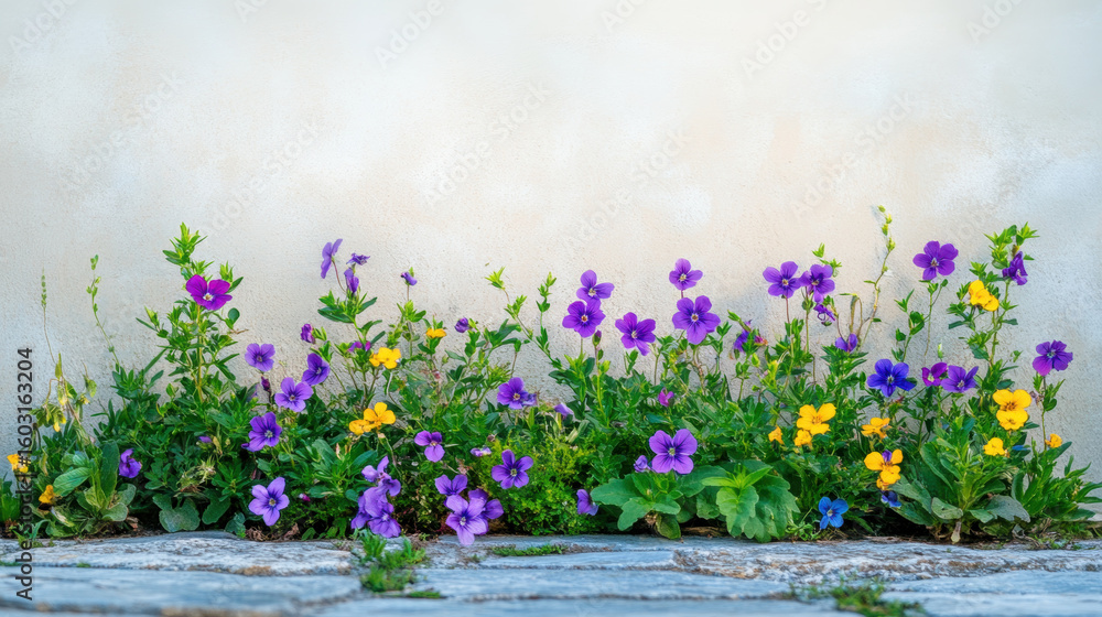Obraz premium Blooming purple and yellow flowers growing vibrantly between stone path and wall, creating serene and colorful outdoor scene