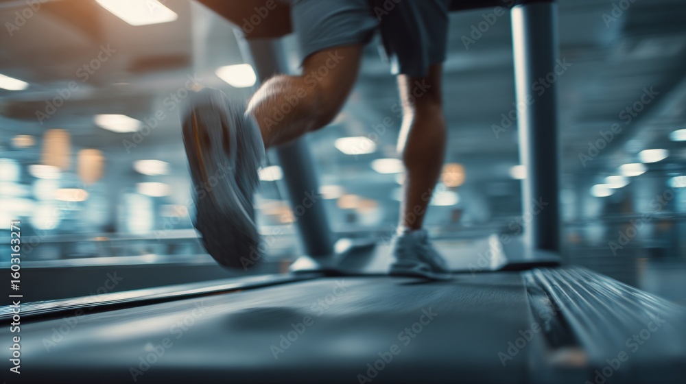 Fototapeta premium A person running on a treadmill in a modern gym, with blurred background emphasizing motion and fitness.