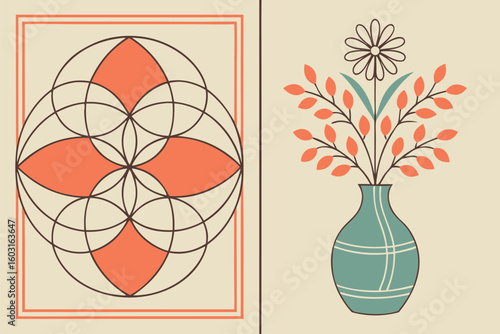 Geometric pattern and floral vase illustration abstract