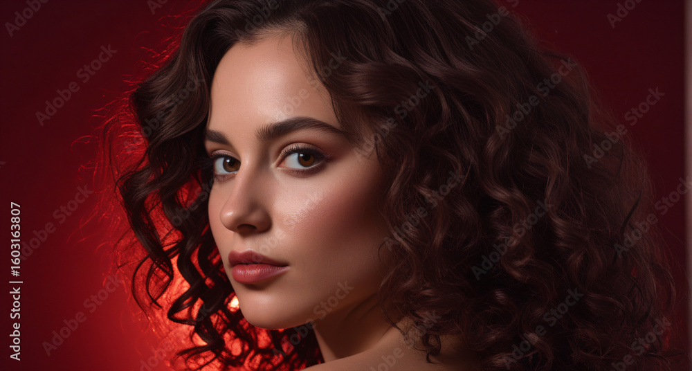 Fototapeta premium Sophisticated profile portrait of a woman with warm brown skin, curly dark brown hair, subtle red lipstick and soft warm lighting against a deep red background