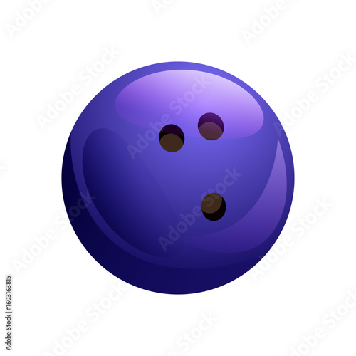 Glossy purple bowling ball with three black finger holes shown in cartoon style on a white background. Concept of bowling sport. Vector illustration