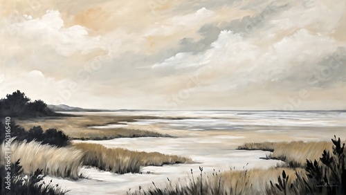 Serene coastal landscape painting depicting a calm beach and dramatic sky in muted tones