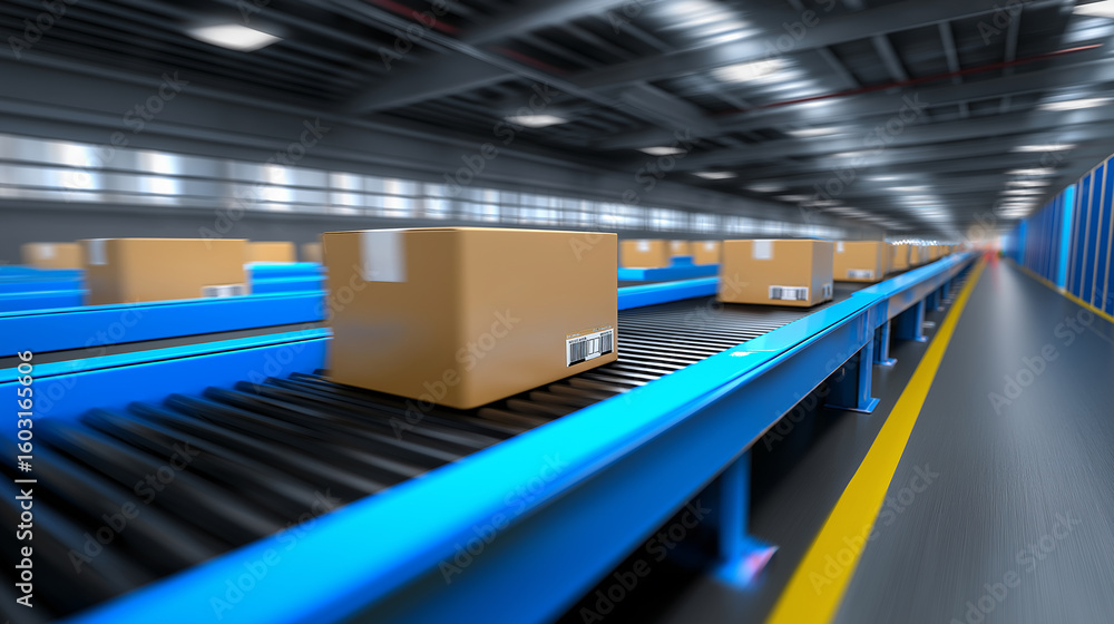 Fototapeta premium Modern automated warehouse with yellow boxes moving on conveyor belts under bright industrial lighting. 