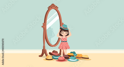 Girl in Polka Dot Dress Trying on Hats by a Vintage Mirror