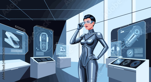 Futuristic Woman in Silver Suit Examining Holographic Displays in Laboratory