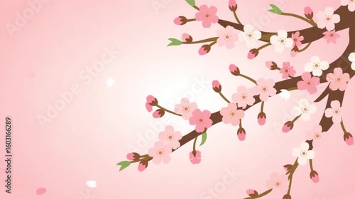 Stunning Animated Cherry Blossom Branch Spring Bloom Pink White Flowers Delicate Petals Gentle Breeze Soft Pastel Background Perfect for Spring Themes Wedding Invitations Romantic