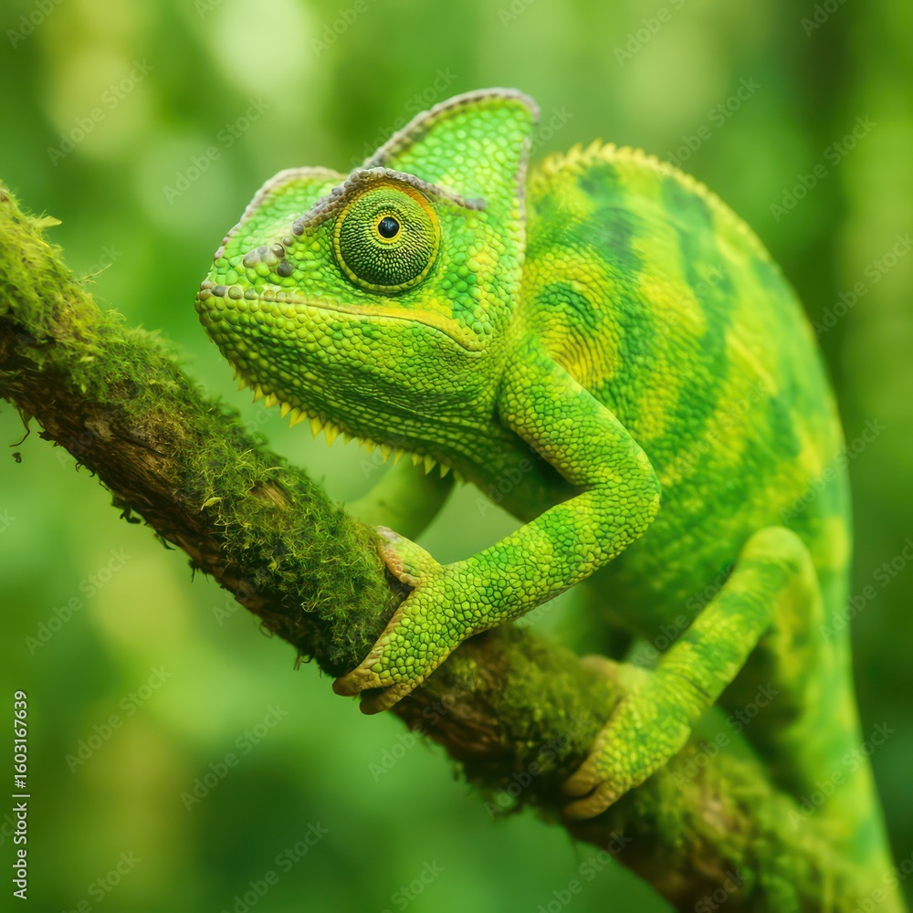 A vibrant green chameleon perched on a mossy branch, its unique camouflage blending seamlessly with the verdant environment, showcasing nature's artistry. A vibrant green chameleon perched on a mossy branch, its unique camouflage blending seamlessly with the verdant environment, showcasing nature's artistry.