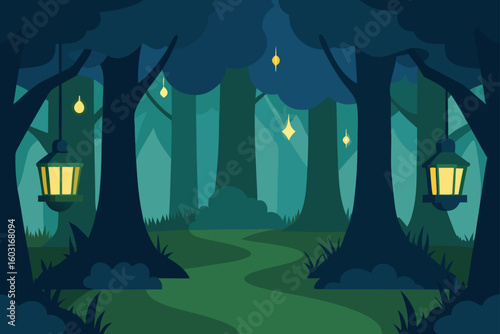 forest glade lit by lanterns