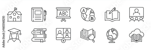 set of learning thin line icon. contain representing the full spectrum of learning from classroom and books to virtual lessons and global language education symbol sign. vector illustration