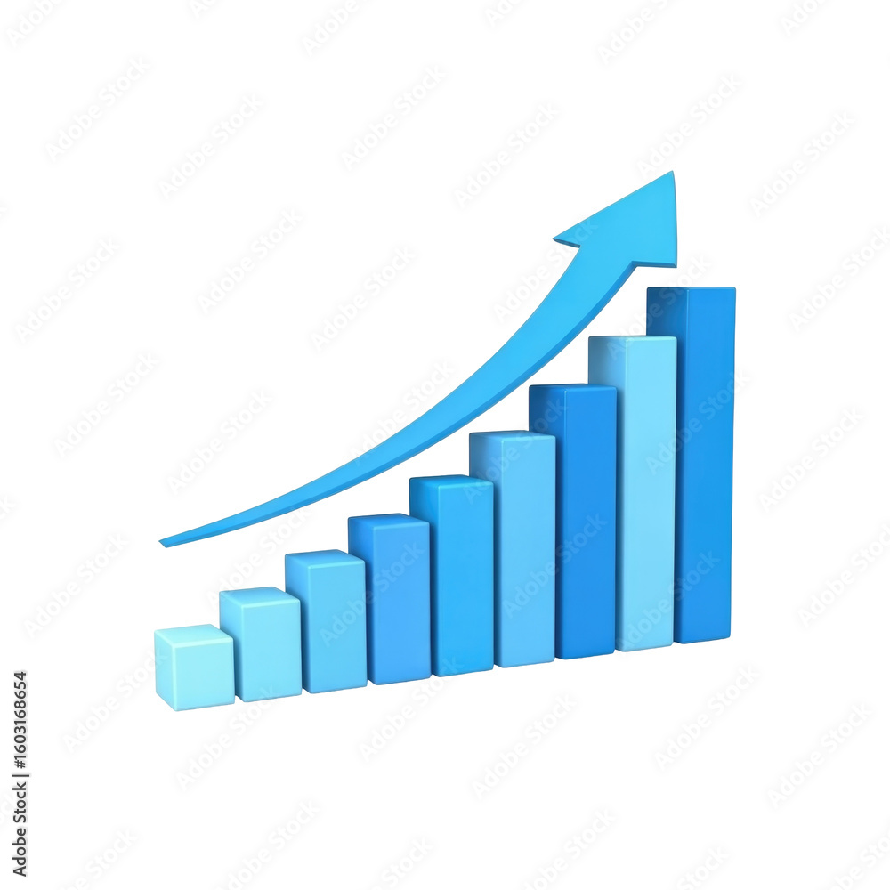 Blue bar graph chart with upward arrow indicating positive growth trend in business concept Blue bar graph chart with upward arrow indicating positive growth trend in business concept