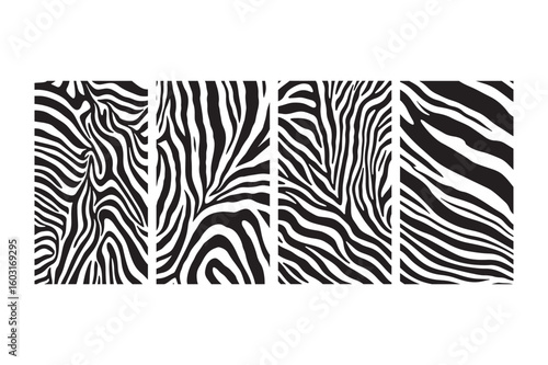 Four vertical panels of close up zebra stripes pattern