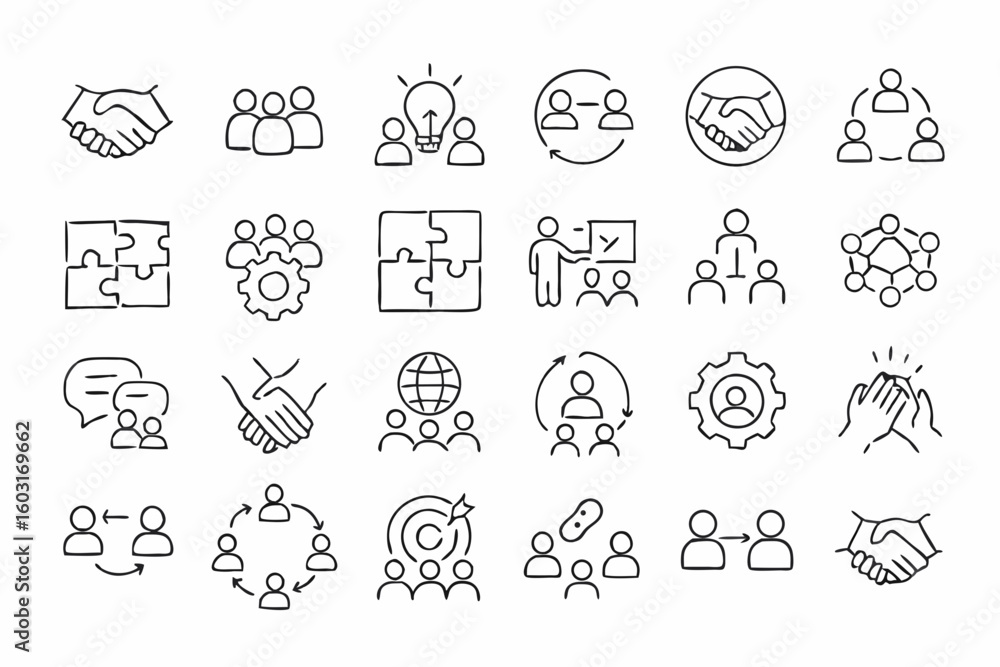 Fototapeta premium Collection of Hand-Drawn Business Icons Depicting Teamwork, Agreement, Collaboration, and Connection in Simple Black Lines