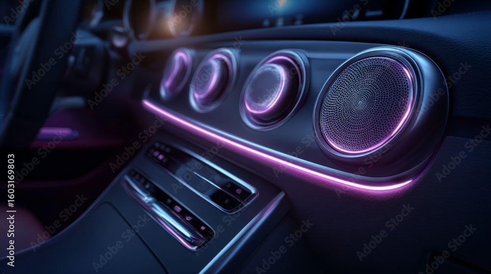 Obraz premium A stylish car interior featuring illuminated speaker grills, with ambient LED lighting and a sleek dashboard, creating a high-tech and luxurious atmosphere.