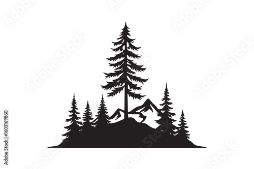 Silhouette of tall pine trees and mountains in a forest landscape