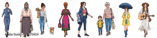 Diverse women stand in row, showing a series of personas, occupations, and backgrounds. The collection showcases diverse women of different ages, ethnicities, and styles.