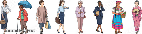 Set of women of different ages showcases diversity and elegance, including young professionals, mature women, and elderly ladies in diverse outfits. Diverse women are presented in various scenes,