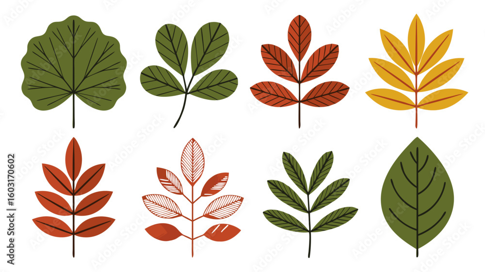 Fototapeta premium Colorful diverse leaf illustrations perfect for artistic botanical designs and seasonal autumn themed projects with modern aesthetics
