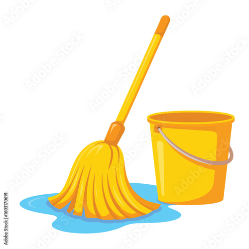 Yellow mop and bucket ready for cleaning tasks