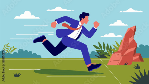 Businessman sprint towards success overcoming a rock barrier symbolising achievement on a flat design illustration