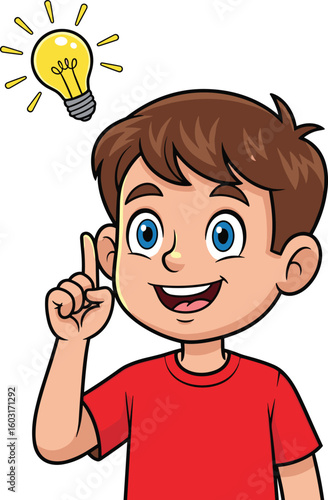 Cartoon boy with brown hair pointing upward, light bulb above head, idea concept, red shirt, vector illustration, isolated design