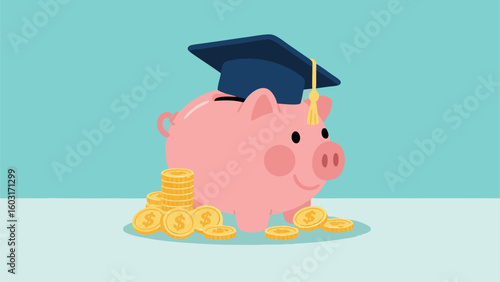 Piggy bank wearing a graduation cap with stacks of golden dollar coins illustrate education savings goal