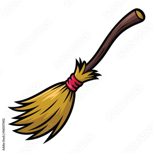Whimsical cartoon witch s broom with straw bristles