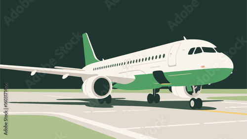 Modern Green and White Airplane Illustration on Runway Against Dark Background Ready For Travel