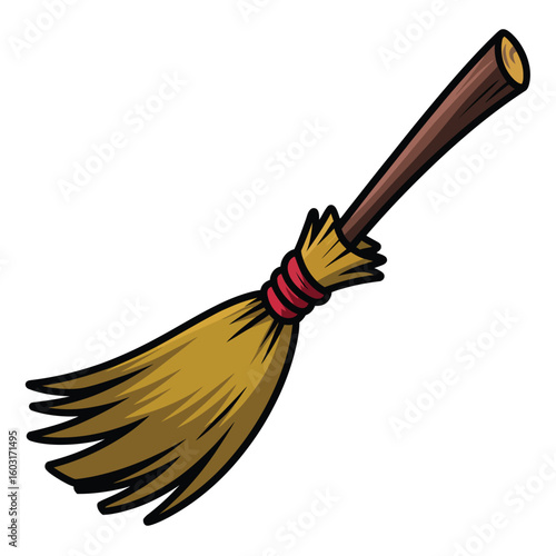 Cartoon witch s broomstick with wooden handle and straw bristles